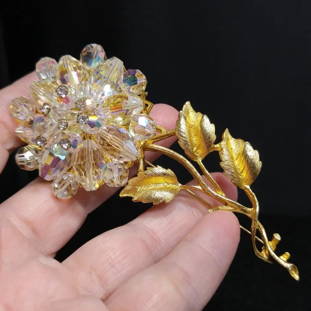 Vintage 1960s Crystal Beaded Flower Brooch, Gold Tone